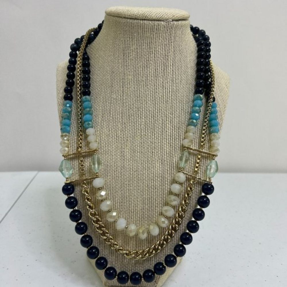 The Limited‎ Necklace Blue Beaded Statement Gold Tone Chain Multi Strand Vtg